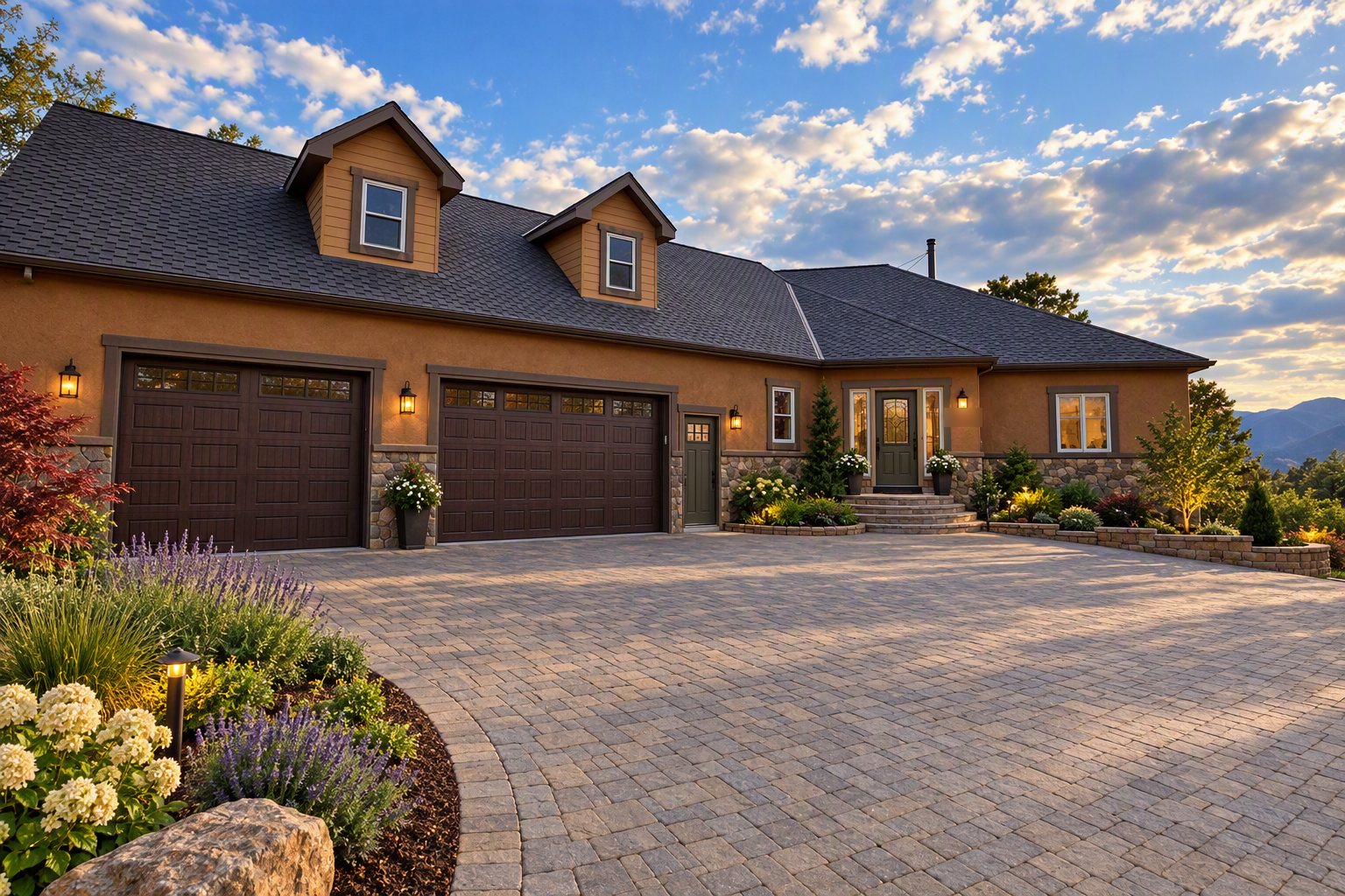 Mark and Tracy Gilliland’s home, with a paver driveway, stone accents and evening light